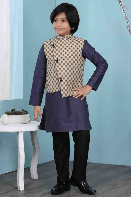 Navy Blue and Beige Colour Cotton Silk Kurta Pajama With Jacket