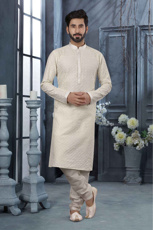 Off White Colour Kurta Pajama In Lucknowi Fabric