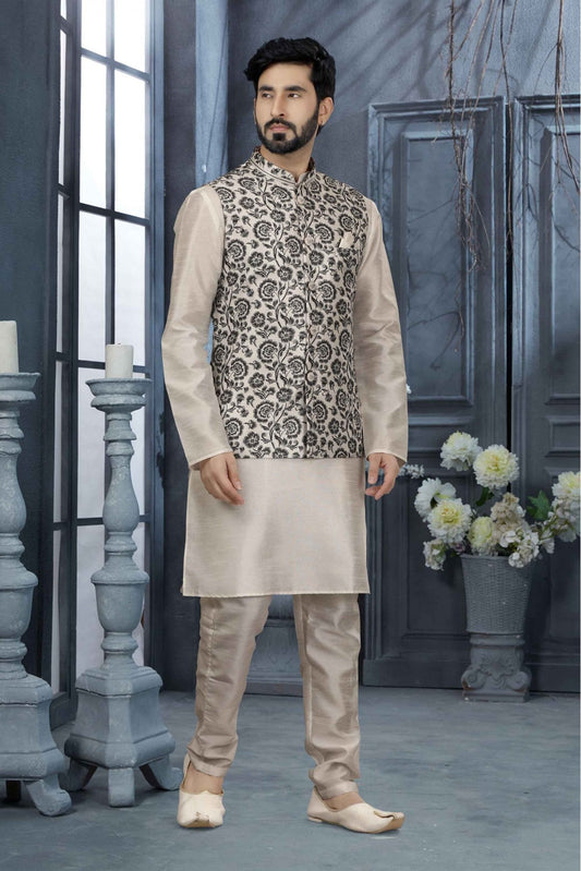 Off White Colour Kurta Pajama With Jacket In Silk Dupion Fabric