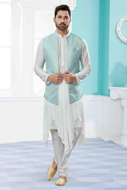 Off White Sky Blue Colour Indo Western In Silk Dupion Fabric