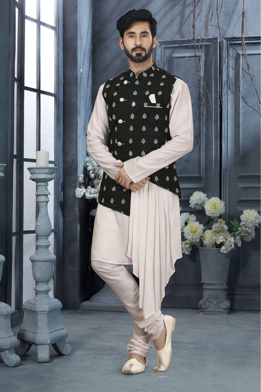 Off White and Black Colour Kurta Pajama With Jacket In Silk Dupion Fabric