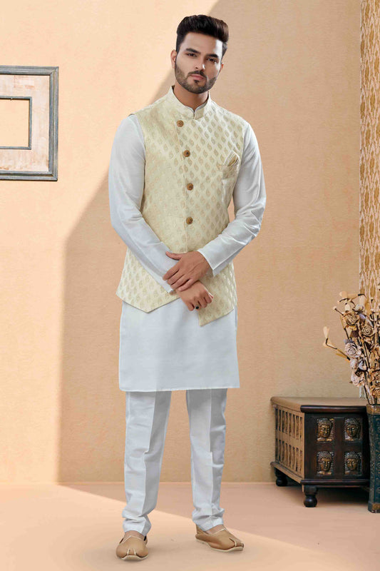 Off White and Cream Colour Kurta Pajama With Jacket In Silk Dupion Fabric