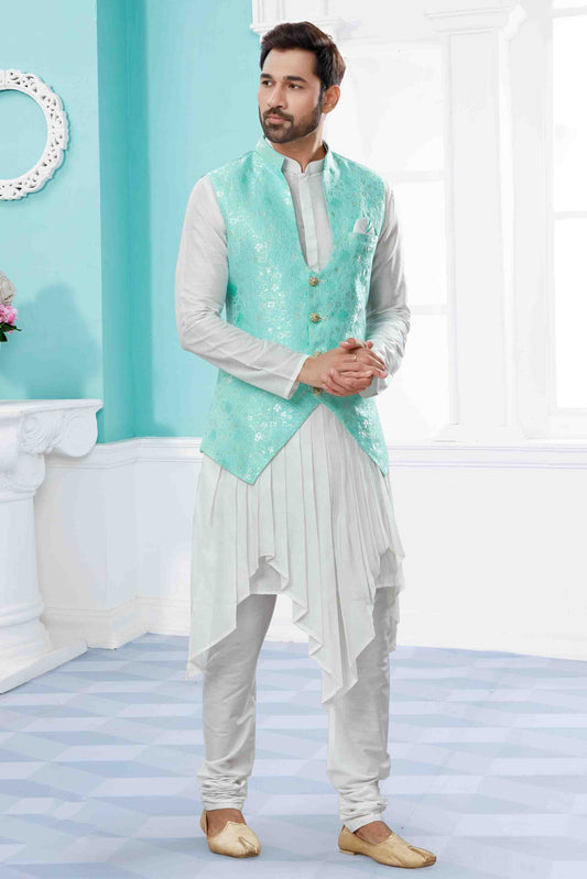 Off White and Green Colour Indo Western In Silk Dupion Fabric