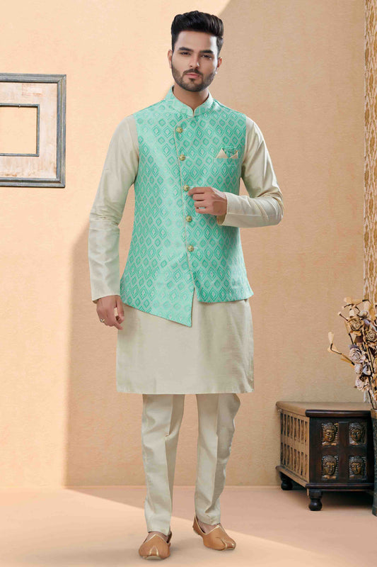 Off White and Green Colour Kurta Pajama With Jacket In Silk Dupion Fabric