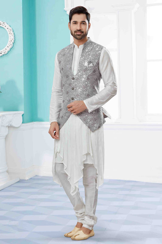 Off White and Grey Colour Indo Western In Silk Dupion Fabric