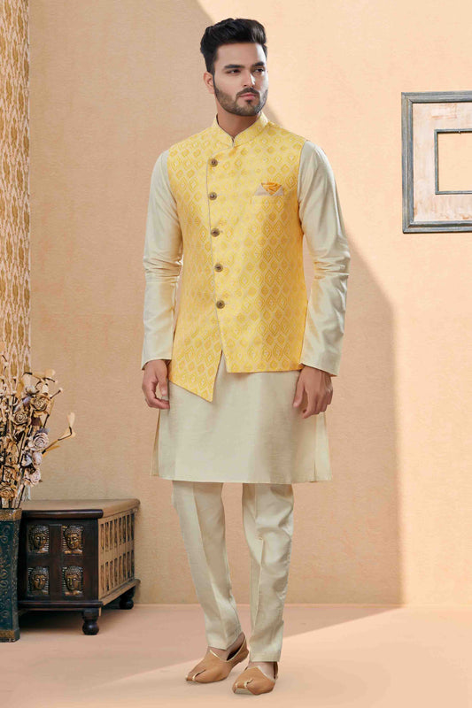 Off White and Yellow Colour Kurta Pajama With Jacket In Silk Dupion Fabric