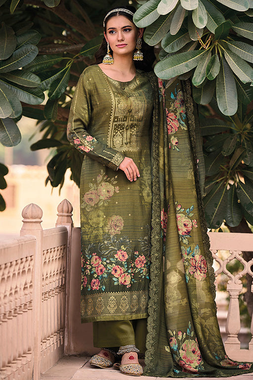 Olive Green Colour Pure Muslin Plazzo Pant Suit
