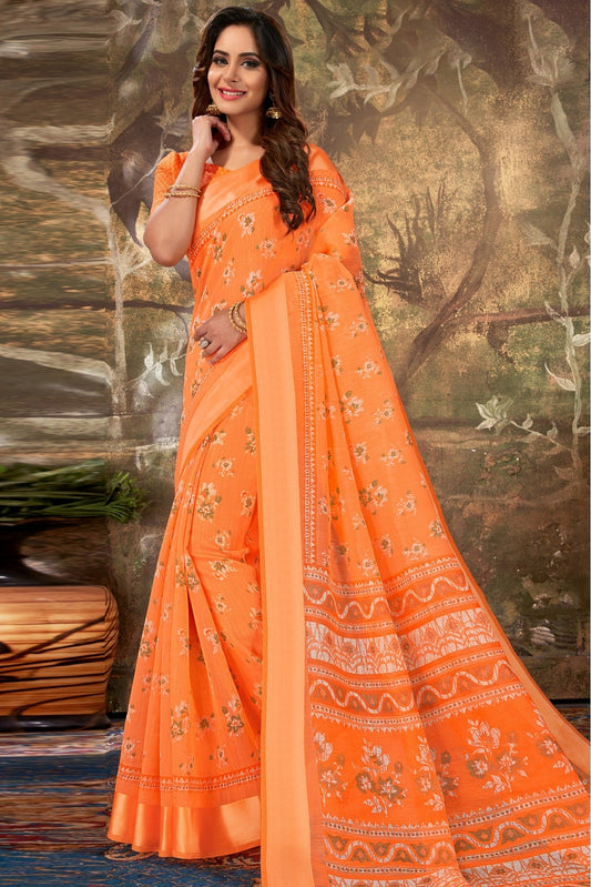 Orange Colour Cotton Printed Saree