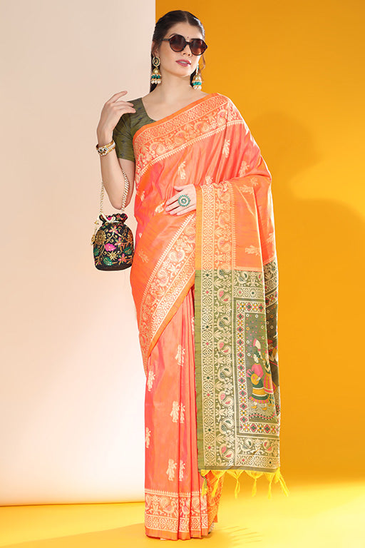 Orange Colour Handloom Raw Silk Traditional Saree