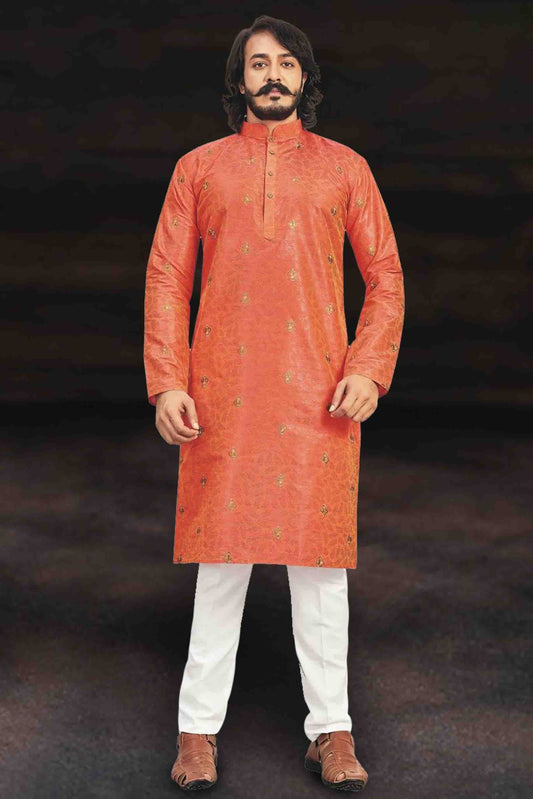 Orange Colour Kurta Pajama In Art Silk