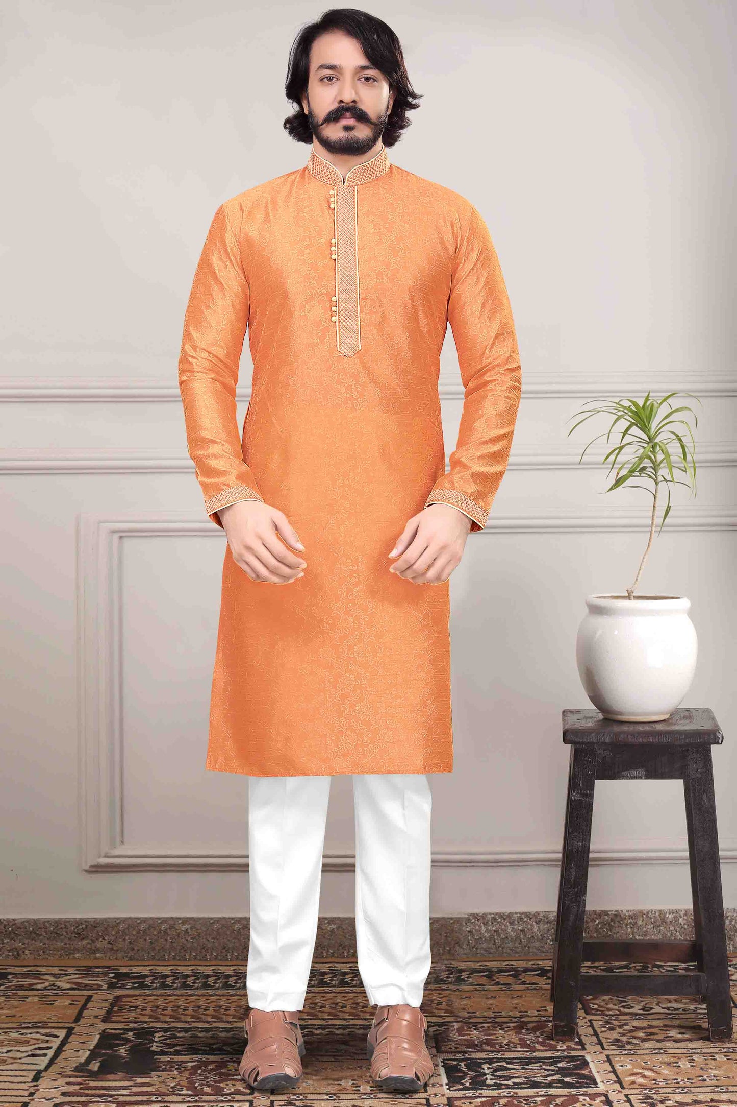 Orange Colour Kurta Pajama In Jacquard Silk