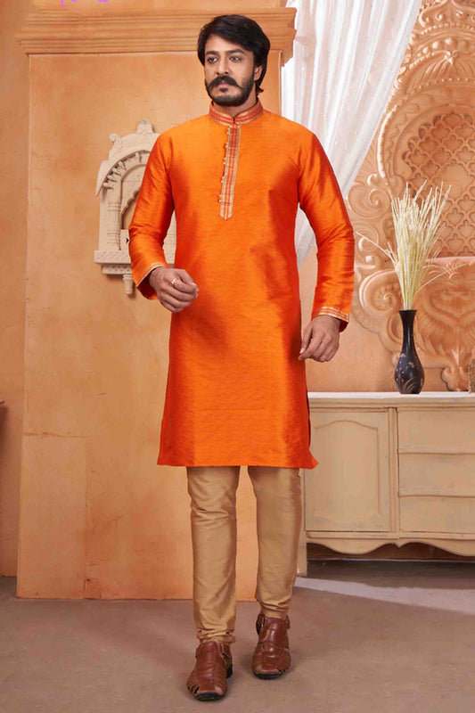 Orange Colour Kurta Pajama In Jacquard Silk