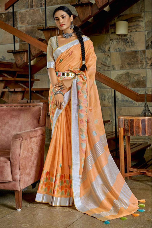 Orange Colour Linen Printed Saree