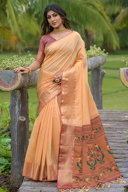 Orange Colour Linen Traditional Saree