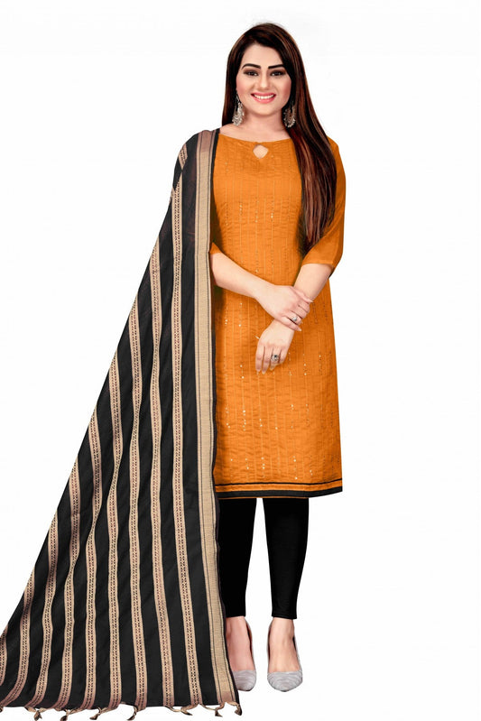 Orange Colour Unstitched Chanderi Thread Work Churidar Suit