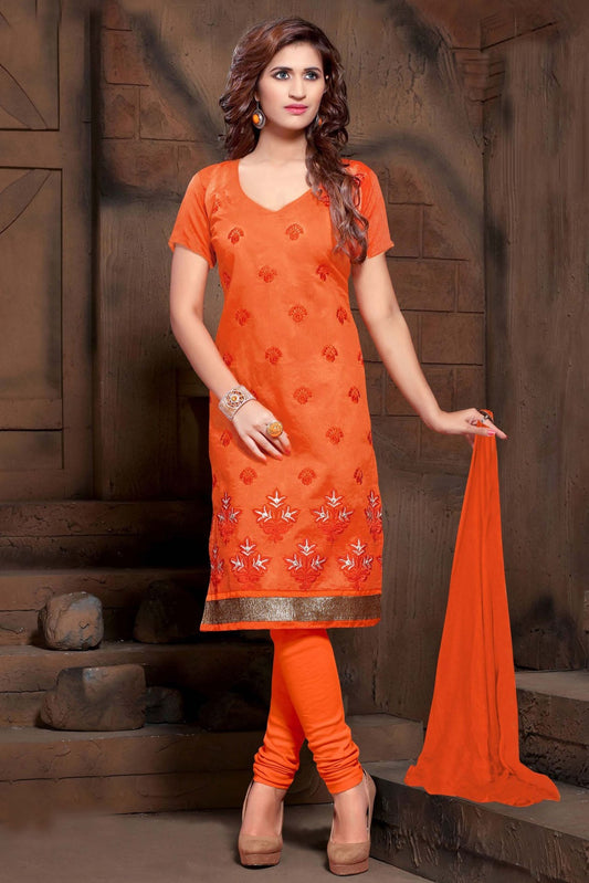 Orange Colour Unstitched Modal Cotton Embroidery Churidar Suit