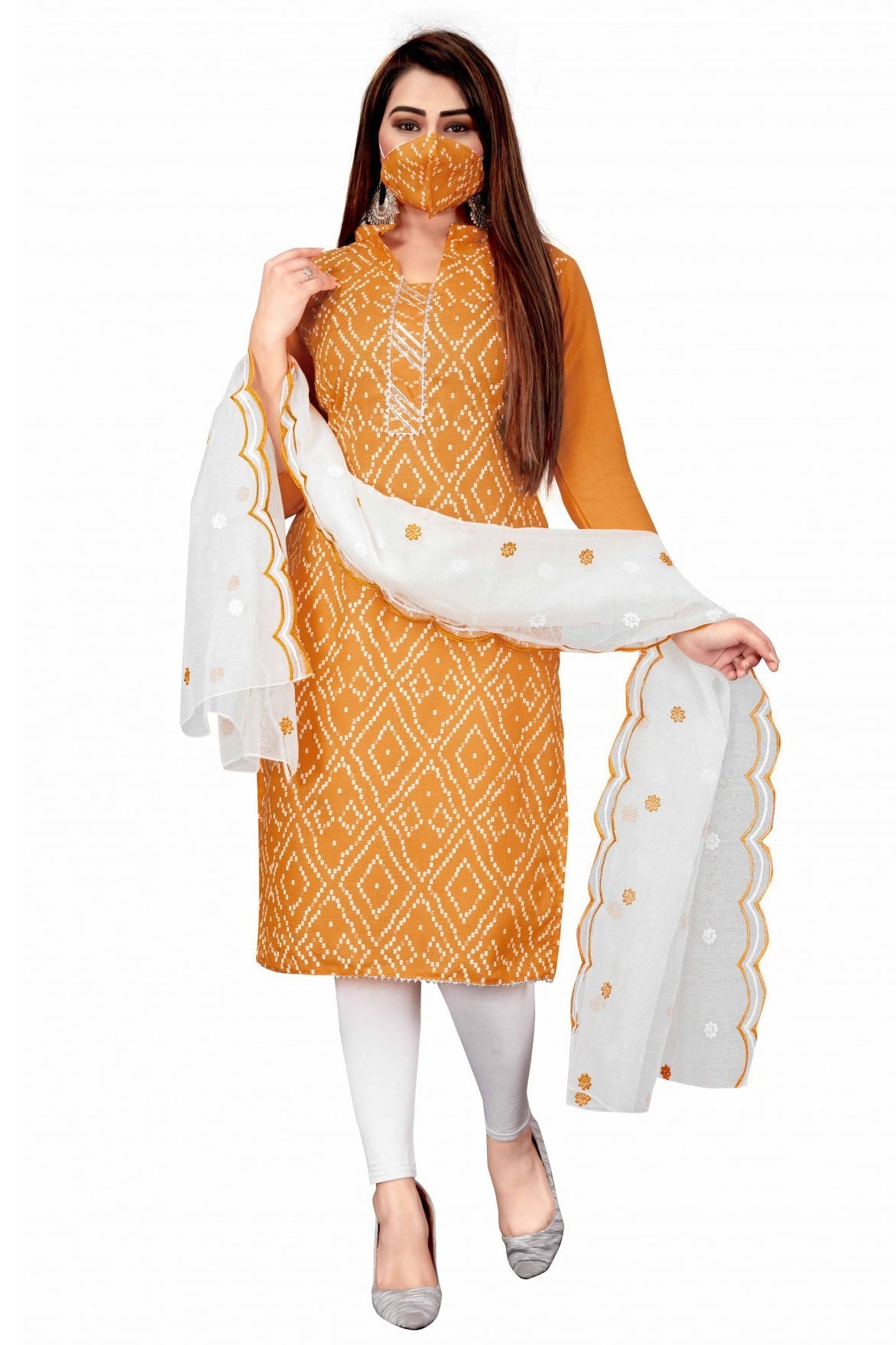 Orange Colour Unstitched Slub Cotton Printed Churidar Suit