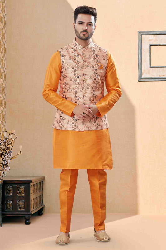 Orange and Multicolour Colour Kurta Pajama With Jacket In Silk Dupion Fabric