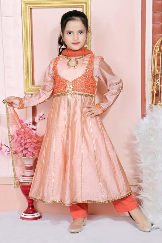 Peach Colour Chanderi Silk Embroidery Anarkali Suit