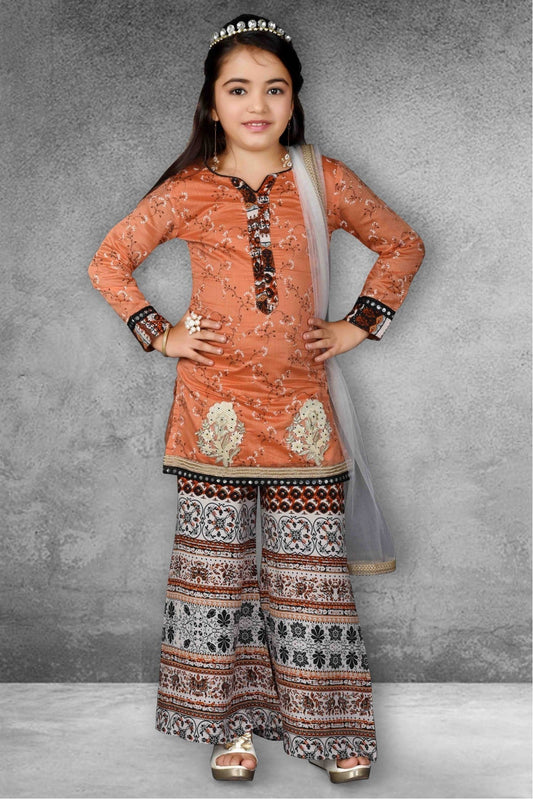 Peach Colour Chanderi Silk Printed Sharara Suit