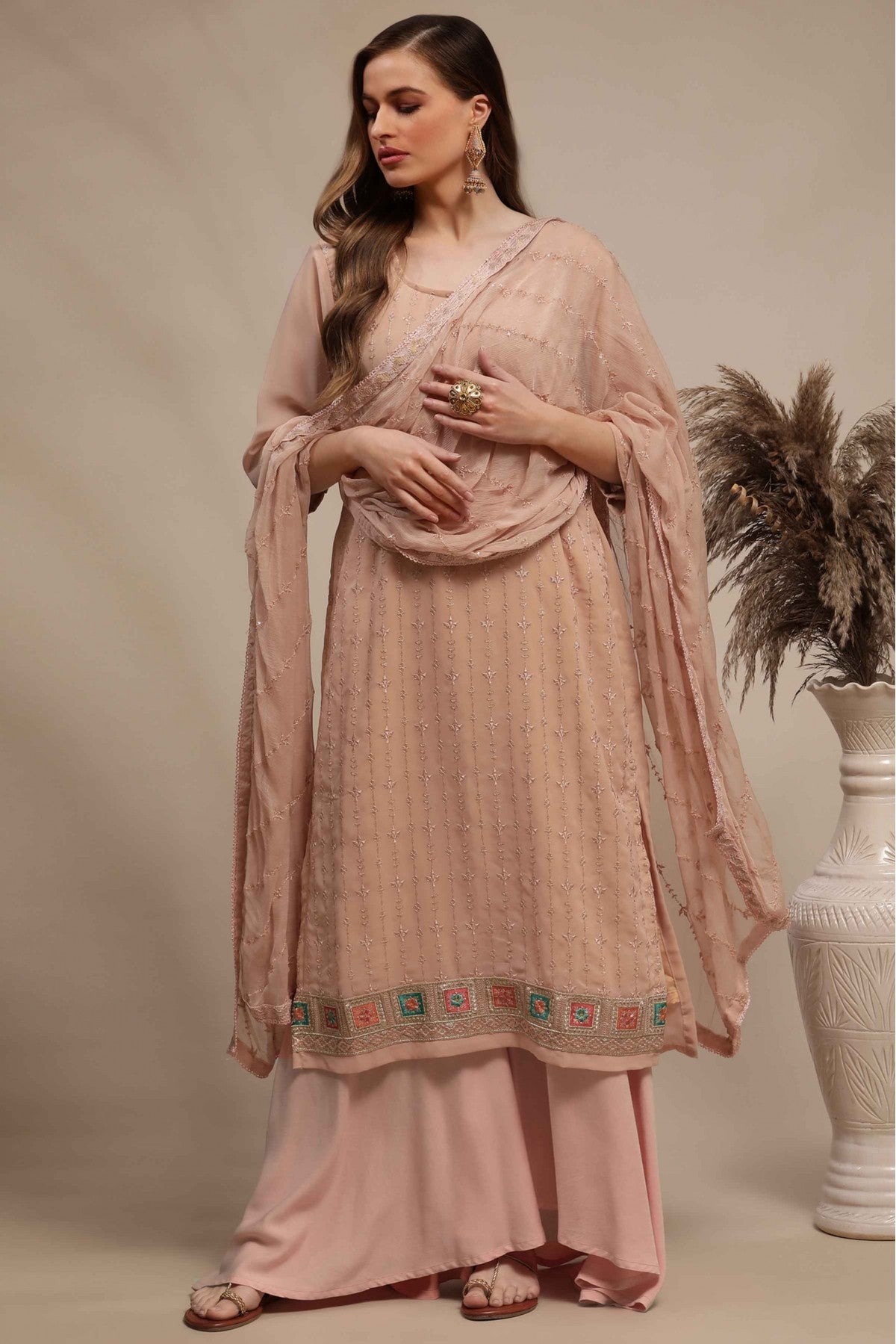 Peach Colour Georgette Embroidery Palazzo Pant Suit