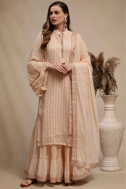 Peach Colour Georgette Embroidery Sharara Suit