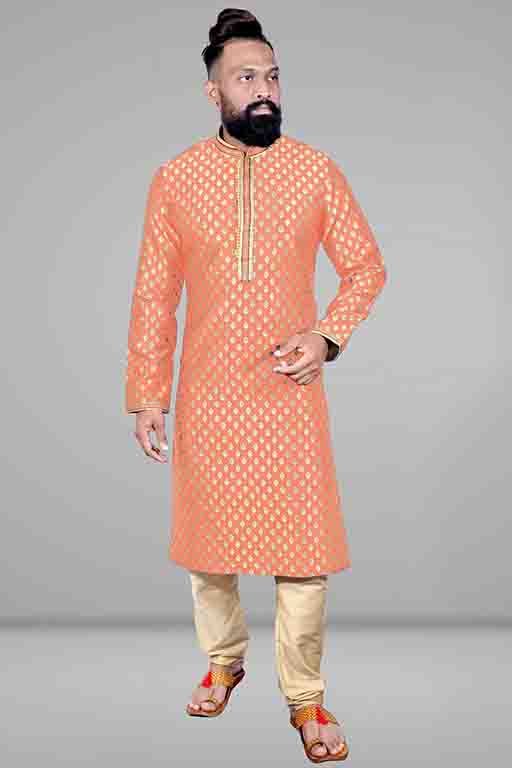 Peach Colour Kurta Pajama In Jacquard Silk