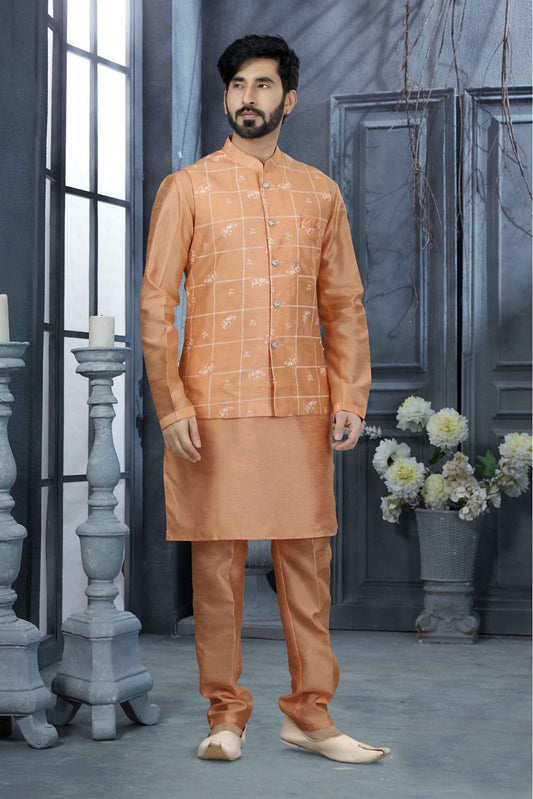 Peach Colour Kurta Pajama With Jacket In Silk Dupion Fabric