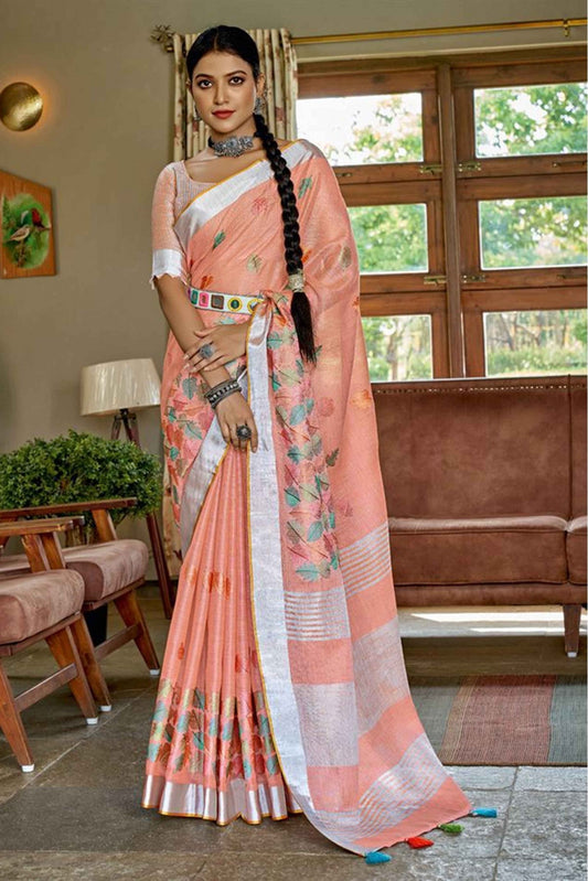 Peach Colour Linen Printed Saree