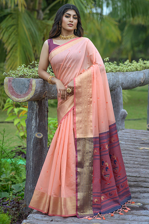 Peach Colour Linen Traditional Saree