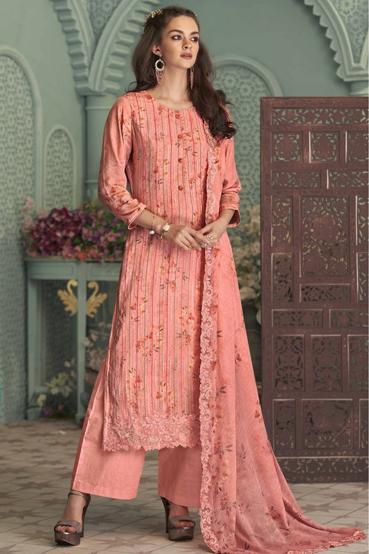 Peach Colour Muslin Embroidery Palazzo Pant Suit