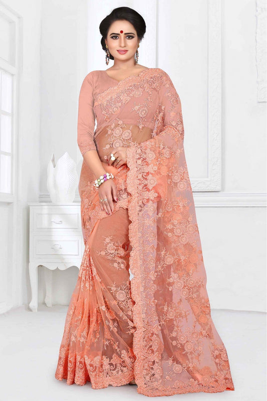 Peach Colour Net Designer Saree