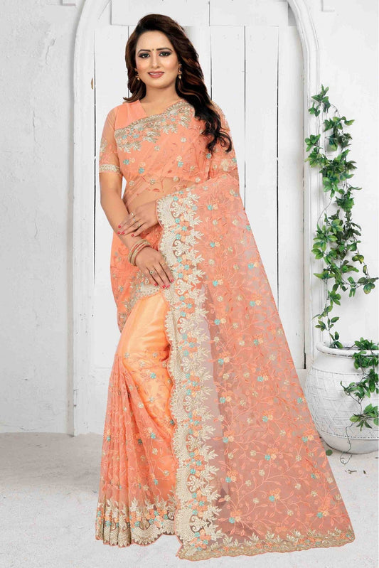 Peach Colour Net Designer Saree