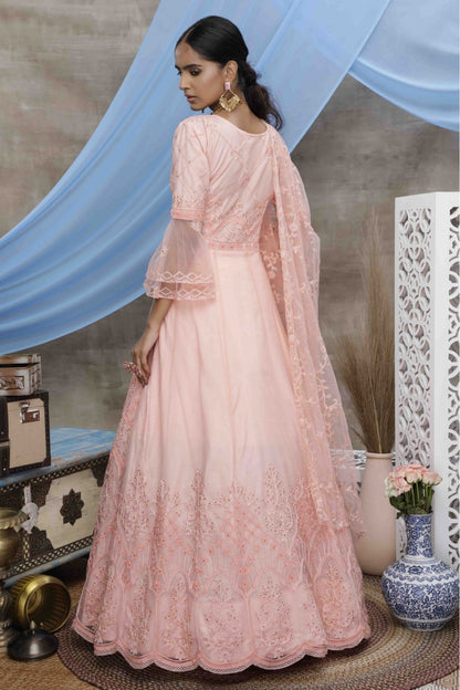 Peach Colour Net Embroidery Gown