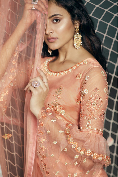 Peach Colour Net Embroidery Palazzo Pant Suit