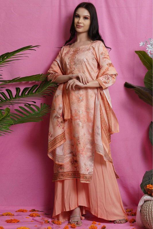 Peach Colour Satin Embroidery Palazzo Pant Suit