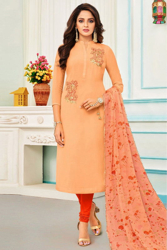 Peach Colour Unstitched Chanderi Cotton Embroidery Churidar Suit