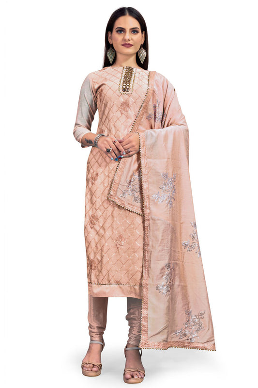 Peach Colour Unstitched Chanderi Sequins Work Churidar Suit