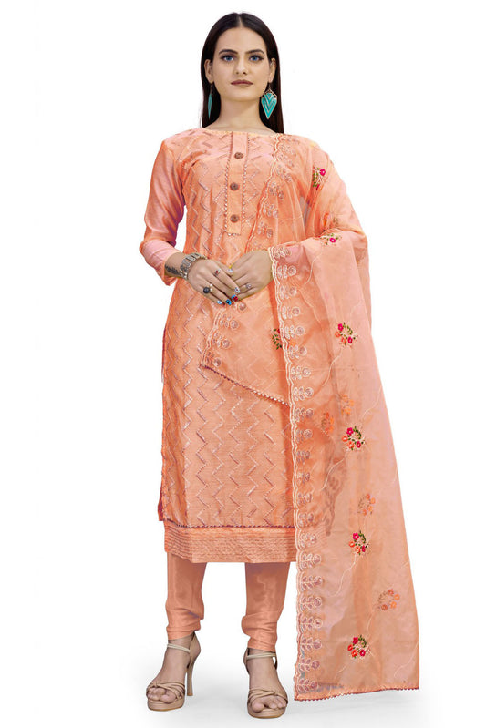 Peach Colour Unstitched Chanderi Sequins Work Churidar Suit
