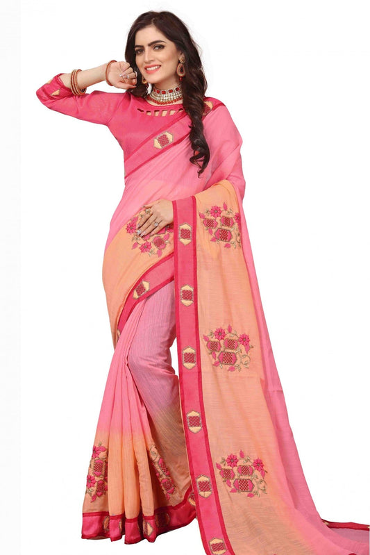 Peach and Pink Colour Art Silk Embroidery Saree