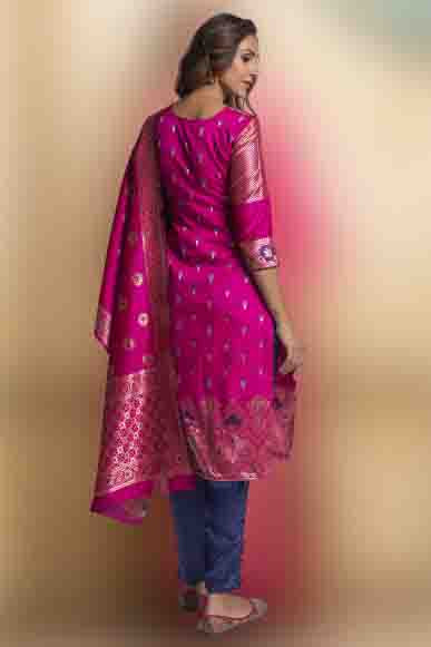 Pink Colour Banarasi Silk Unstitched Pant Style Suit