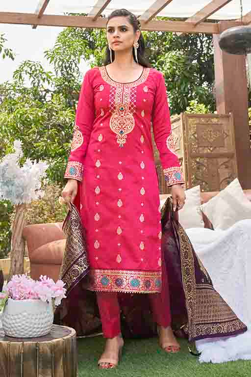 Pink Colour Banarasi Unstitched Pant Style Suit