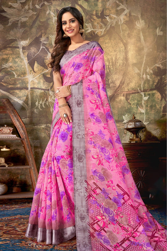 Pink Colour Cotton Printed Saree