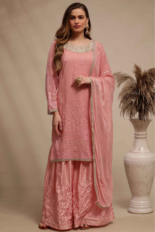 Pink Colour Georgette Embroidery Palazzo Pant Suit