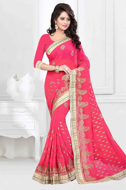 Pink Colour Georgette Embroidery Saree
