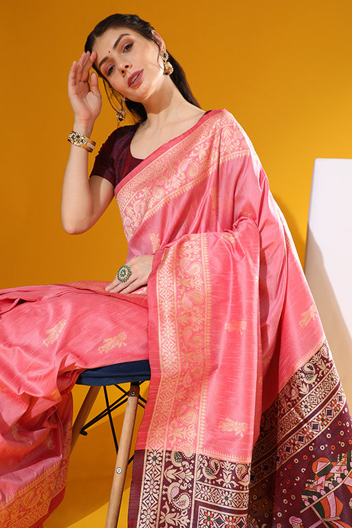 Pink Colour Handloom Raw Silk Traditional Saree