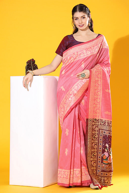 Pink Colour Handloom Raw Silk Traditional Saree