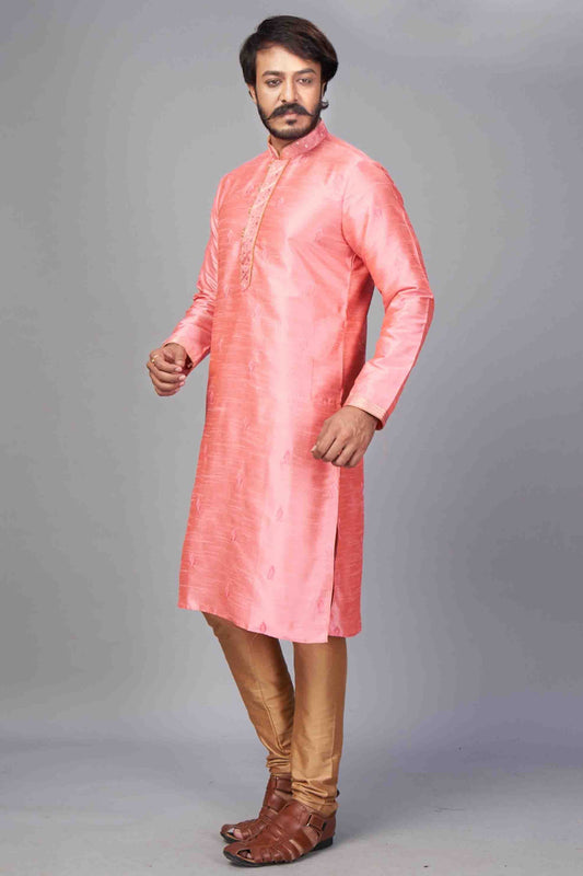 Pink Colour Kurta Pajama In Jacquard Silk