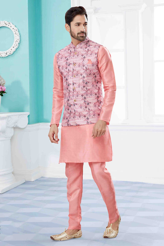 Pink Colour Kurta Pajama With Jacket In Silk Dupion Fabric