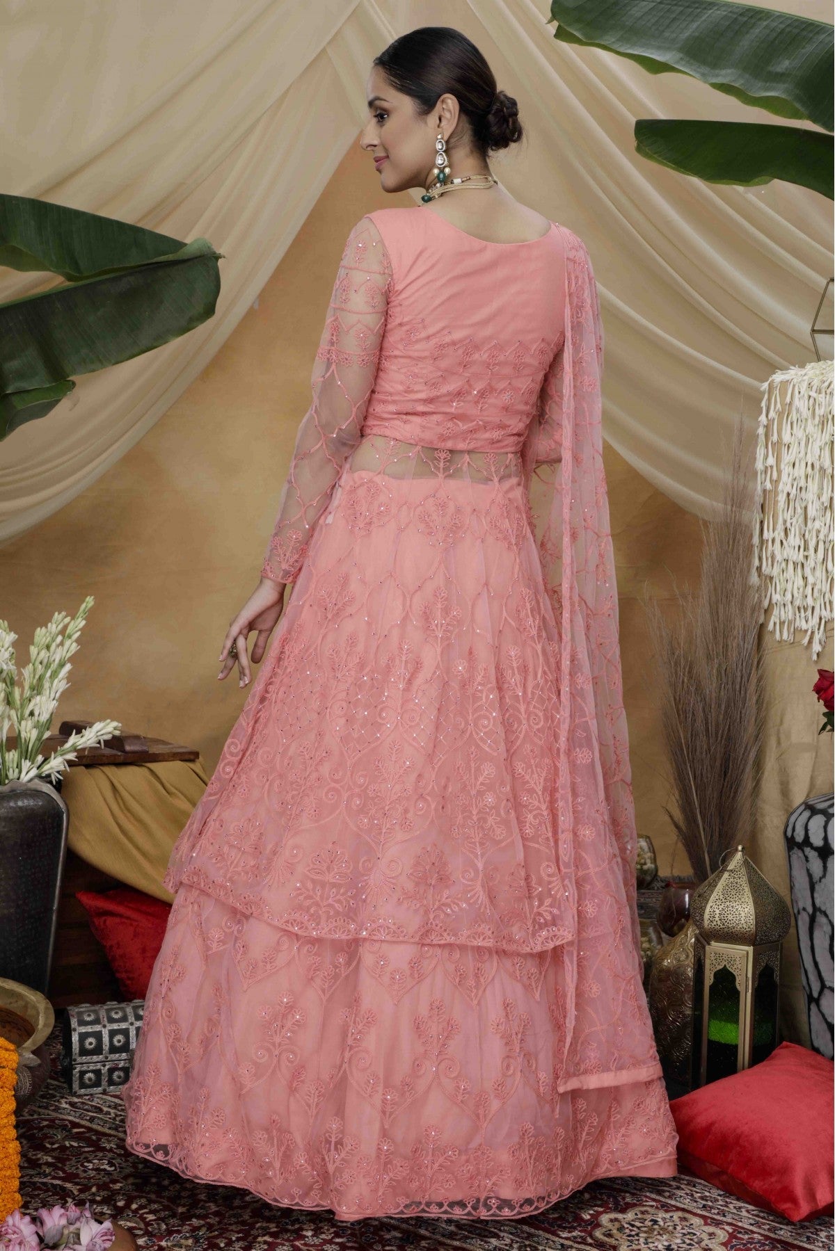 Pink Colour Net Embroidery Lehenga Style Gown